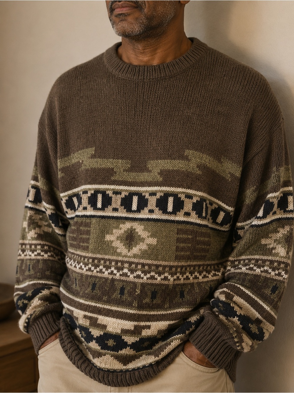 Men's Olive Green Patterned Crewneck Ugly Sweater Grandpa sweater.